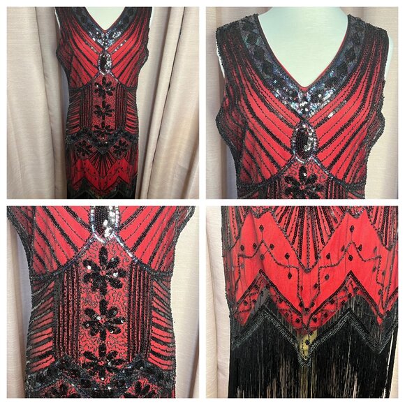 Vintage-Inspired Red & Black Beaded Flapper Dress Fringe Size XL 1920s Gatsby - Picture 10 of 16